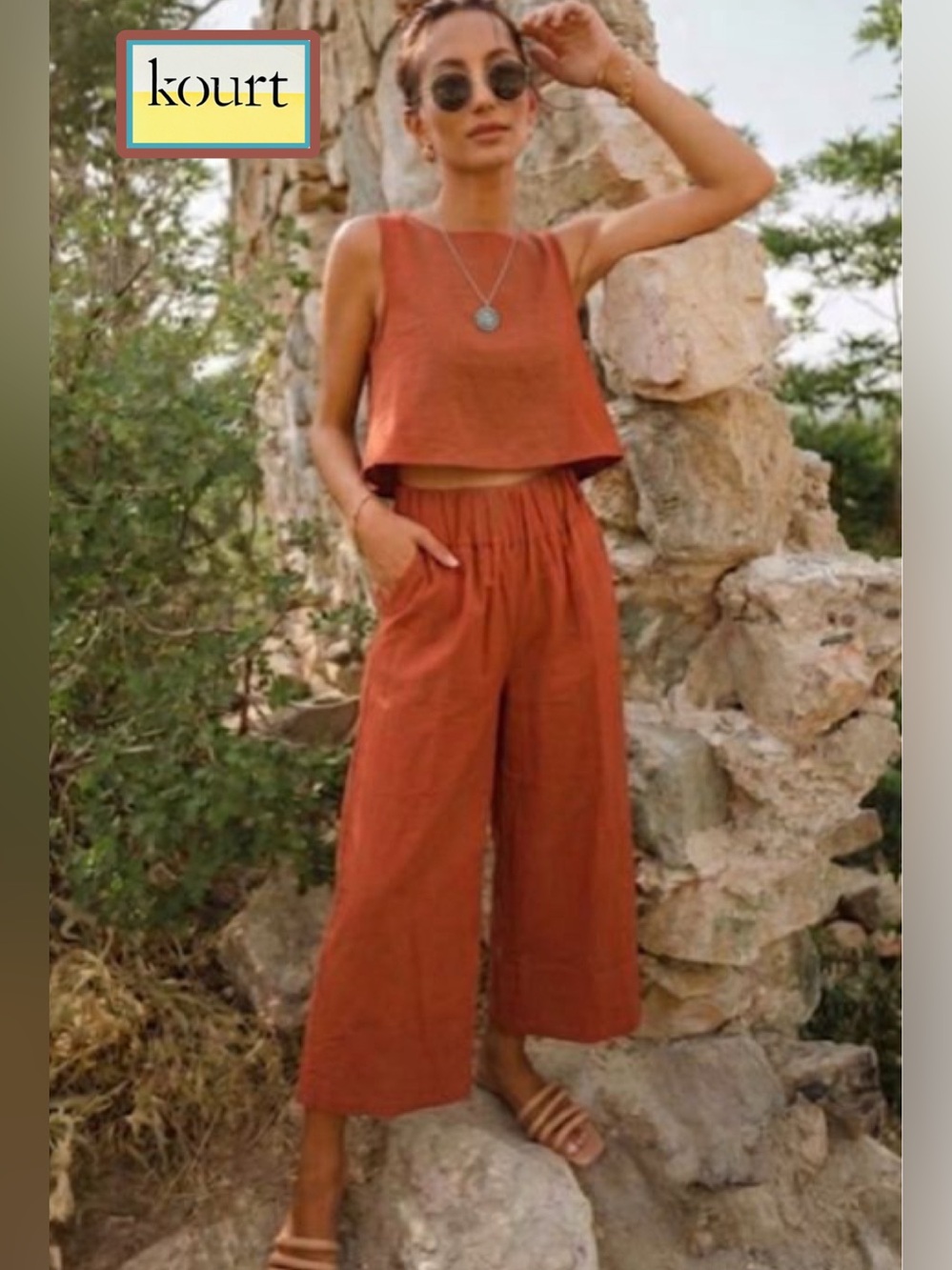 NWT Kourt Willow Tie Back Crop Top & Pant SET Cotton/ Linen Blend